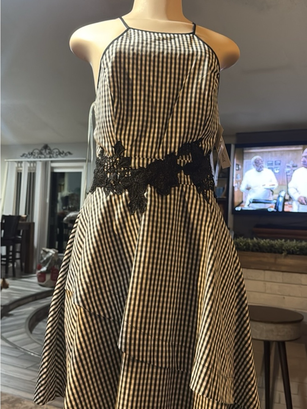 Xtraordinary Black and White Gingham Halter Midi Dress with Lace Waist#244